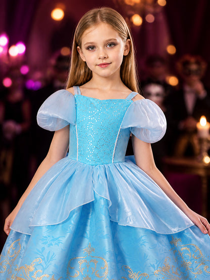 Girls' Blue Princess Dress Costume With Sequined Bodice and Layered Tulle Skirt on-model view