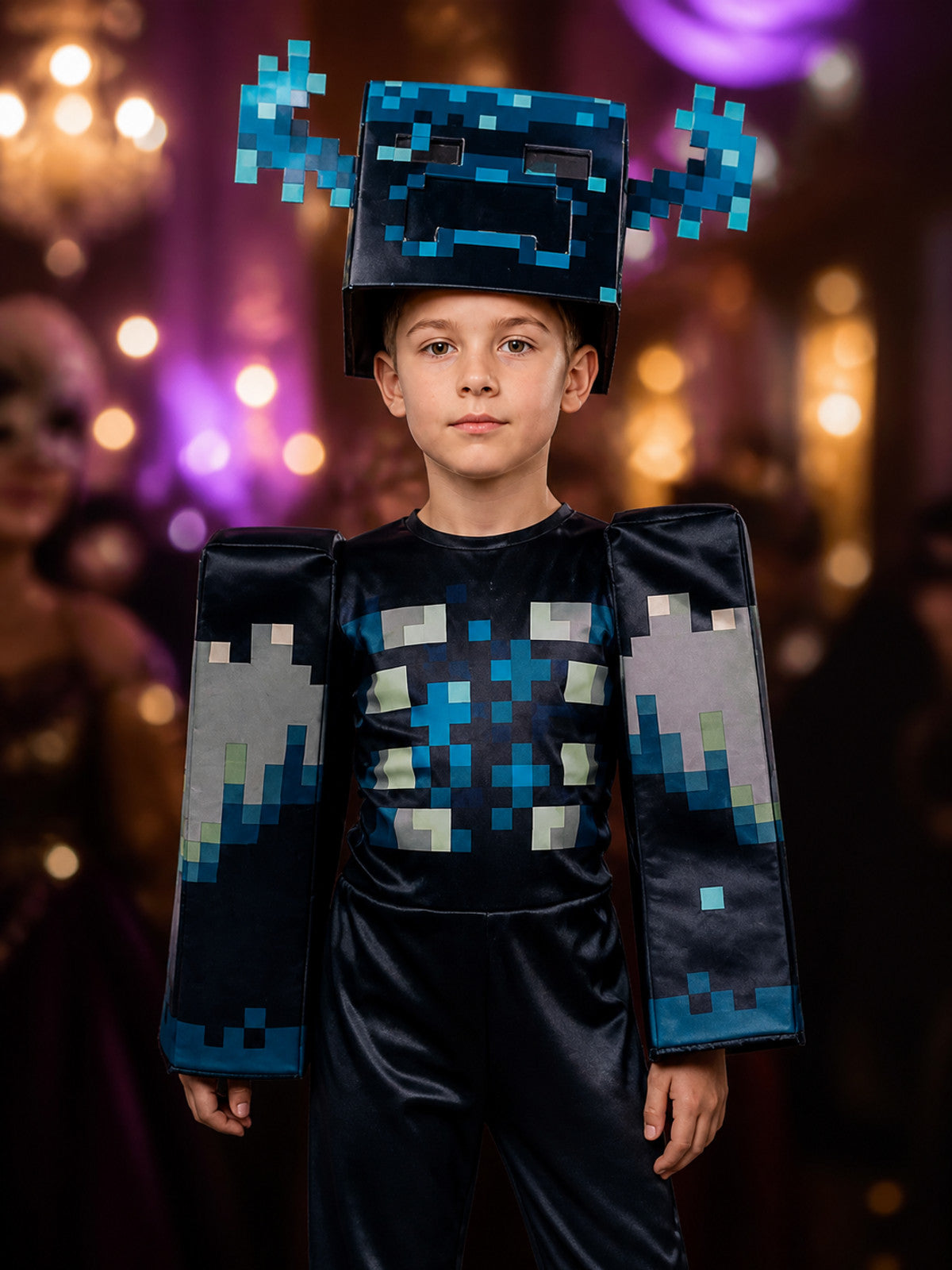 Warden Costume Jumpsuit, Blue Black Pixelated Cosplay Bodysuit with Headpiece on-model view