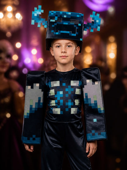 Warden Costume Jumpsuit, Blue Black Pixelated Cosplay Bodysuit with Headpiece on-model view