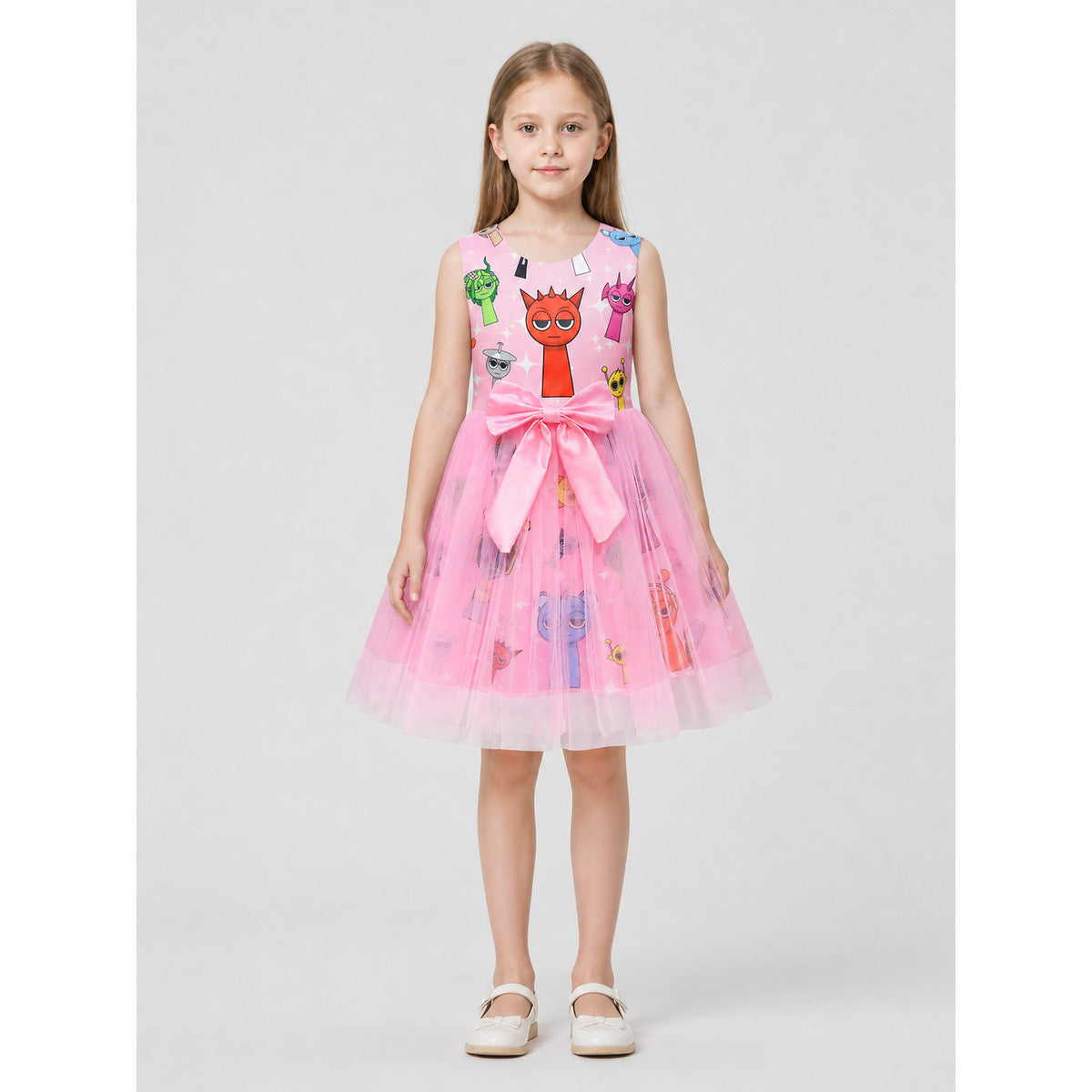 Girls' Puffy Tutu Dress with Cartoon Print and Pink Bow on-model view