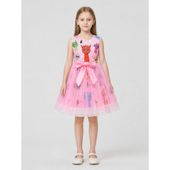 Girls' Puffy Tutu Dress with Cartoon Print and Pink Bow