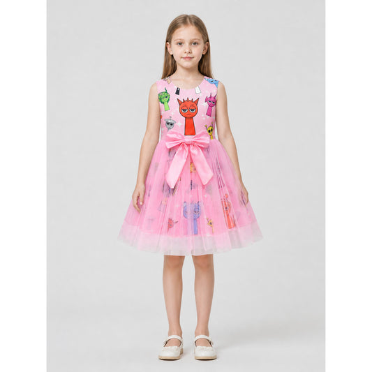 Girls' Puffy Tutu Dress with Cartoon Print and Pink Bow