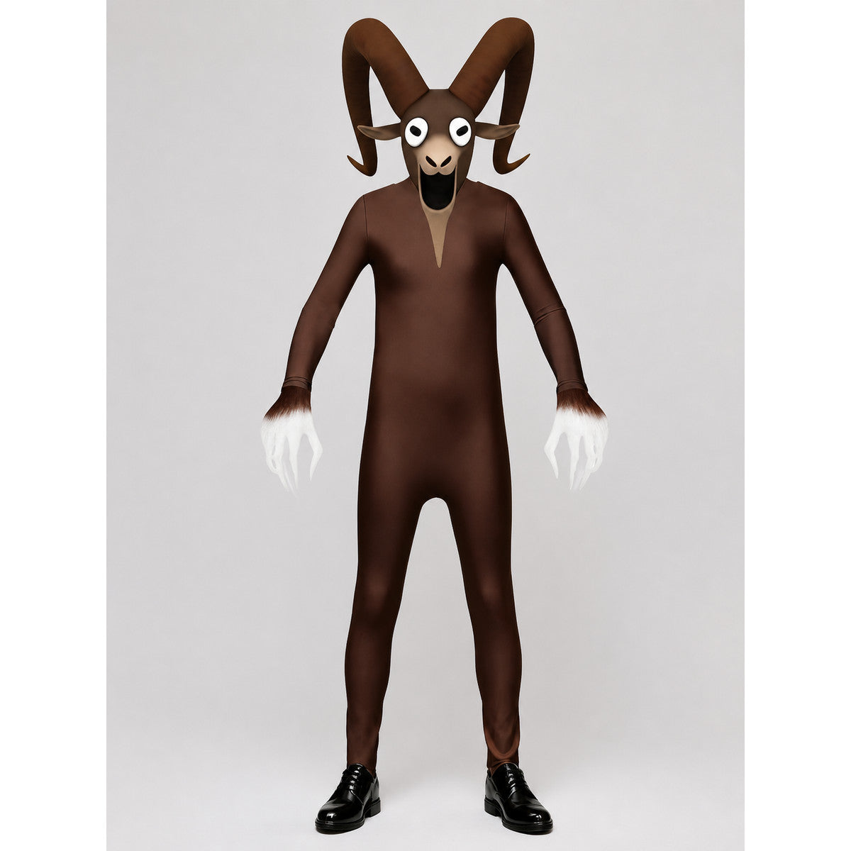 Halloween monster jumpsuit with horns and white paws on-model view
