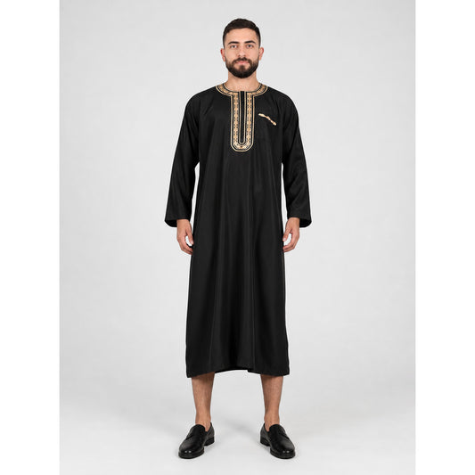 Men's Traditional Muslim-Inspired Long Robe, Black Full-Length Loose-Fit Tunic with Gold-Tone Embroidered Trim for Formal Wear