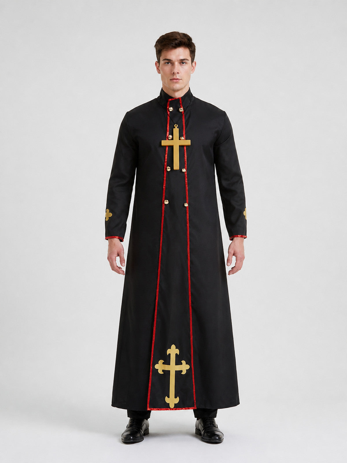 Black Priest's Ritual Robe with Gold Crosses on-model view