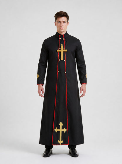 Black Priest's Ritual Robe with Gold Crosses on-model view