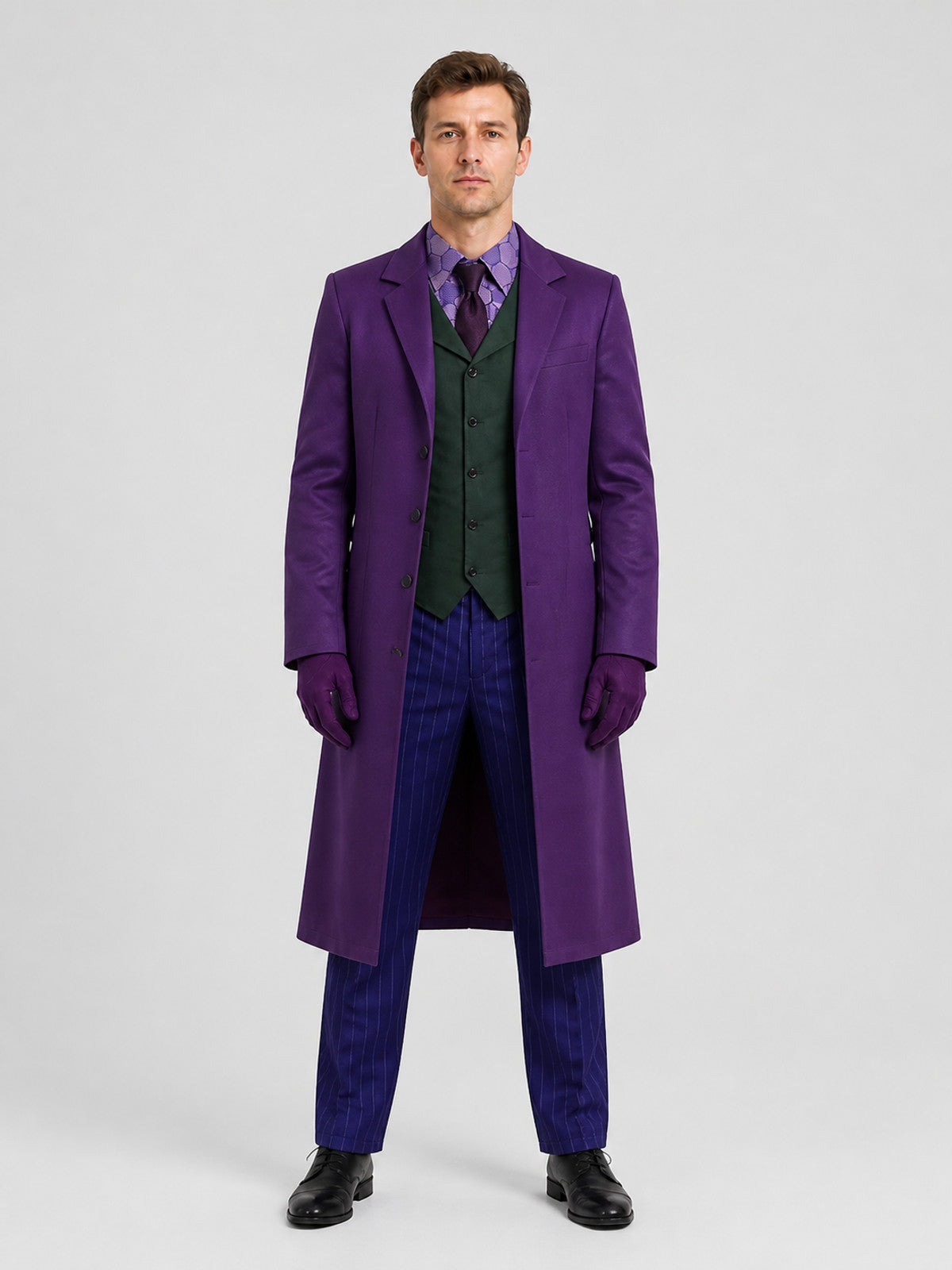 The Dark Knight Joker Cosplay Costume, Purple on-model view