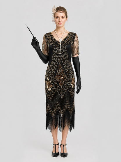 Long Sequined Dress with Fringe, Retro Set on-model view