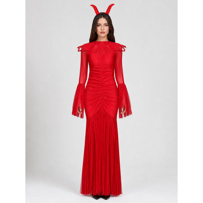 Demon Costume with Horns, Red Mesh Dress