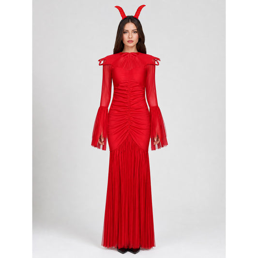 Demon Costume with Horns, Red Mesh Dress