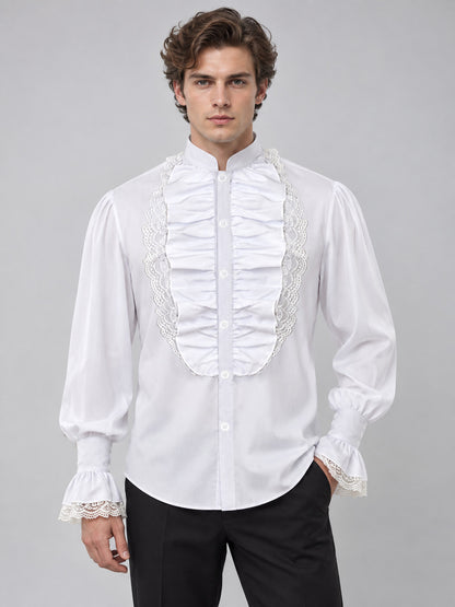 White shirt with ruffles, lace, and a stand collar
