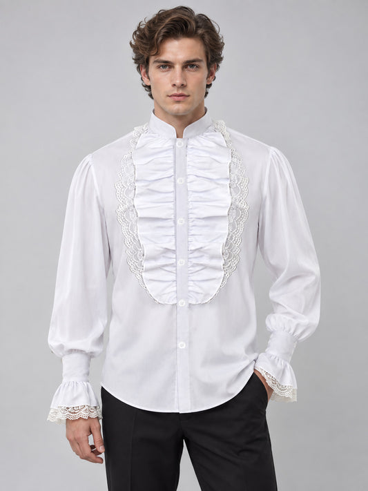 White shirt with ruffles, lace, and a stand collar