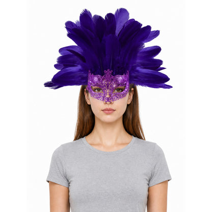 Purple feathered masquerade mask with an ornate filigree design, shown on a model in a front-facing studio portrait