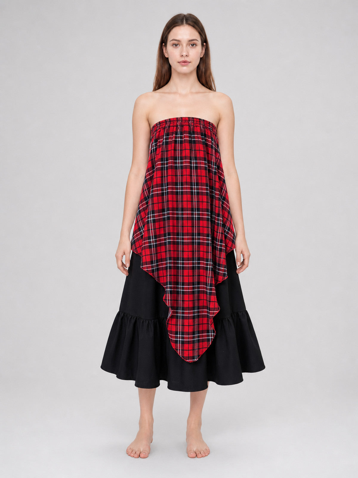 Tiered Asymmetrical Plaid Skirt front view