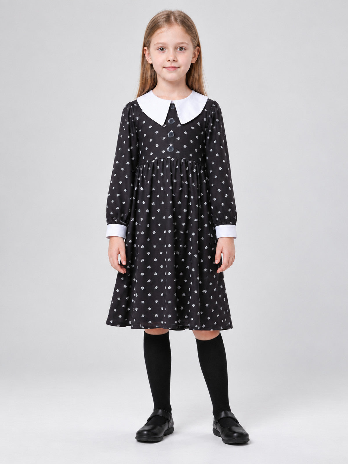 Black Carnival Dress with White Polka Dots and Collar