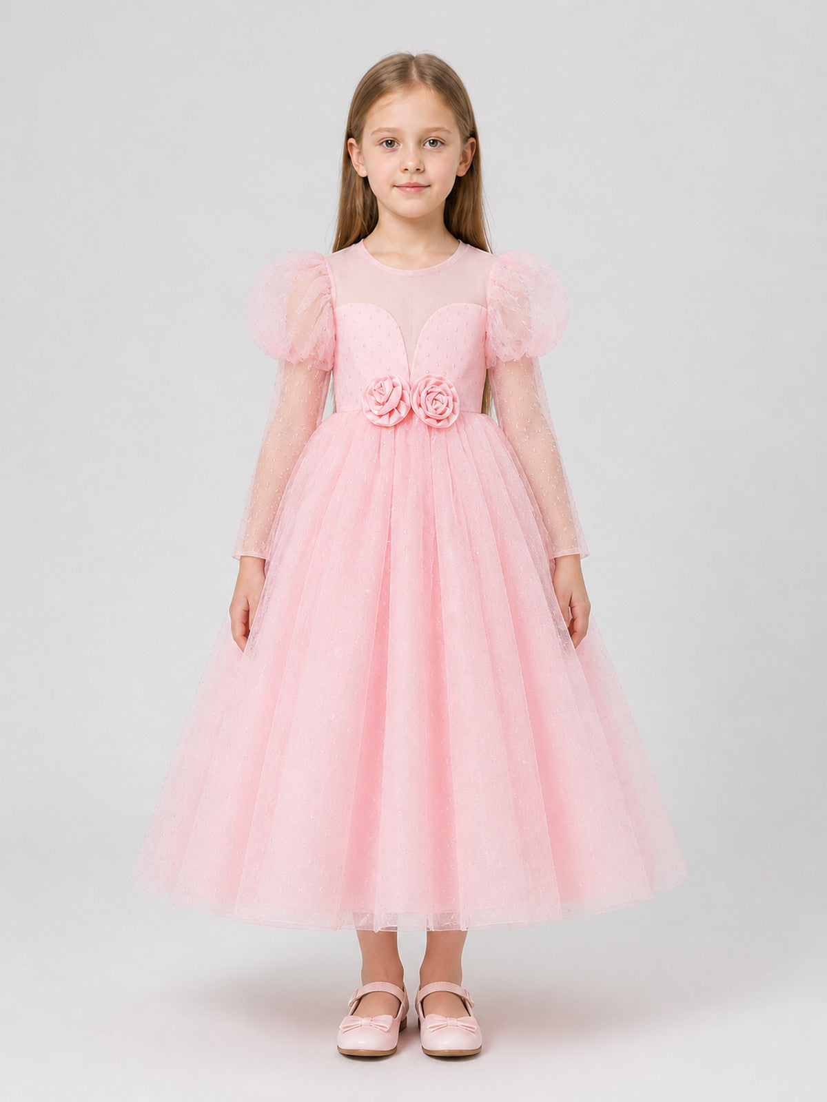 Pink Princess Dress with a Full Skirt and Sleeves on-model view