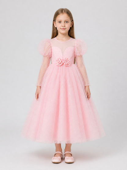Pink Princess Dress with a Full Skirt and Sleeves on-model view