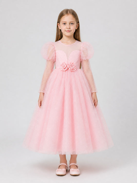 Pink Princess Dress with a Full Skirt and Sleeves on-model view