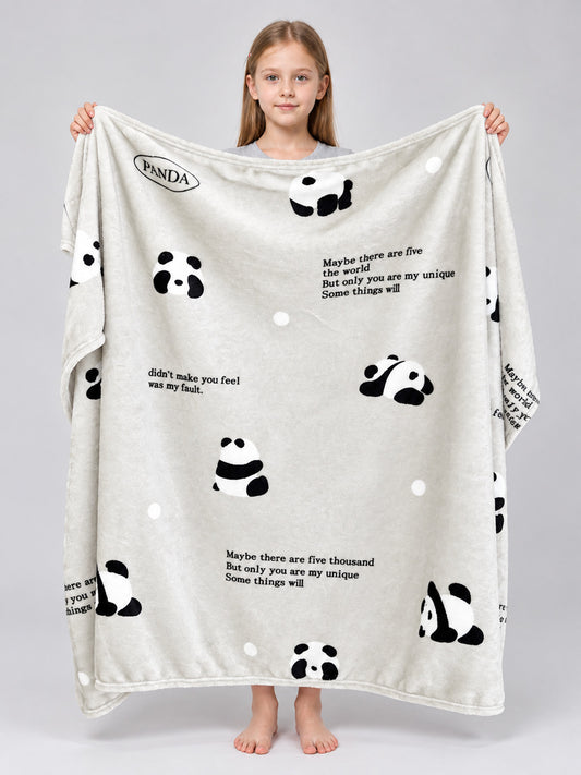 Double-Sided Blanket with Panda Print and Dots, Light Gray