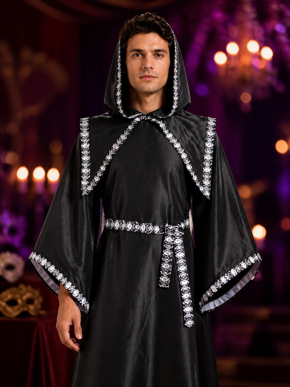 Adult Black Wizard Costume Set, Hooded Long Robe With Silver Trim, Cloak And on-model view
