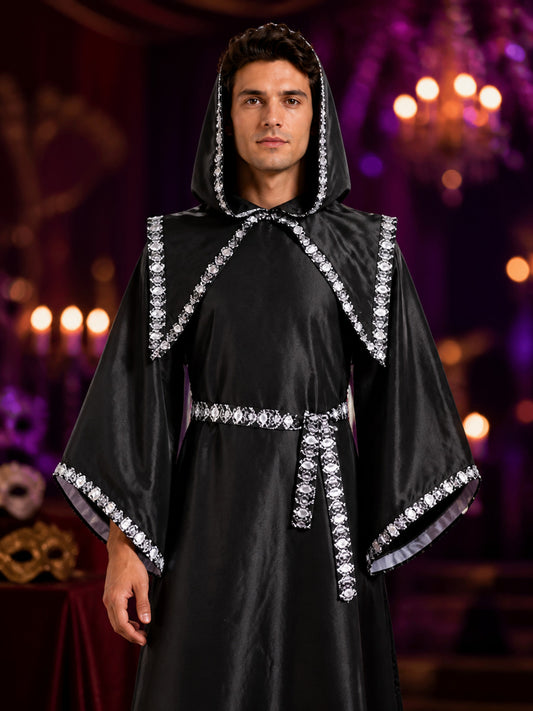 Adult Black Wizard Costume Set, Hooded Long Robe With Silver Trim, Cloak on-model view