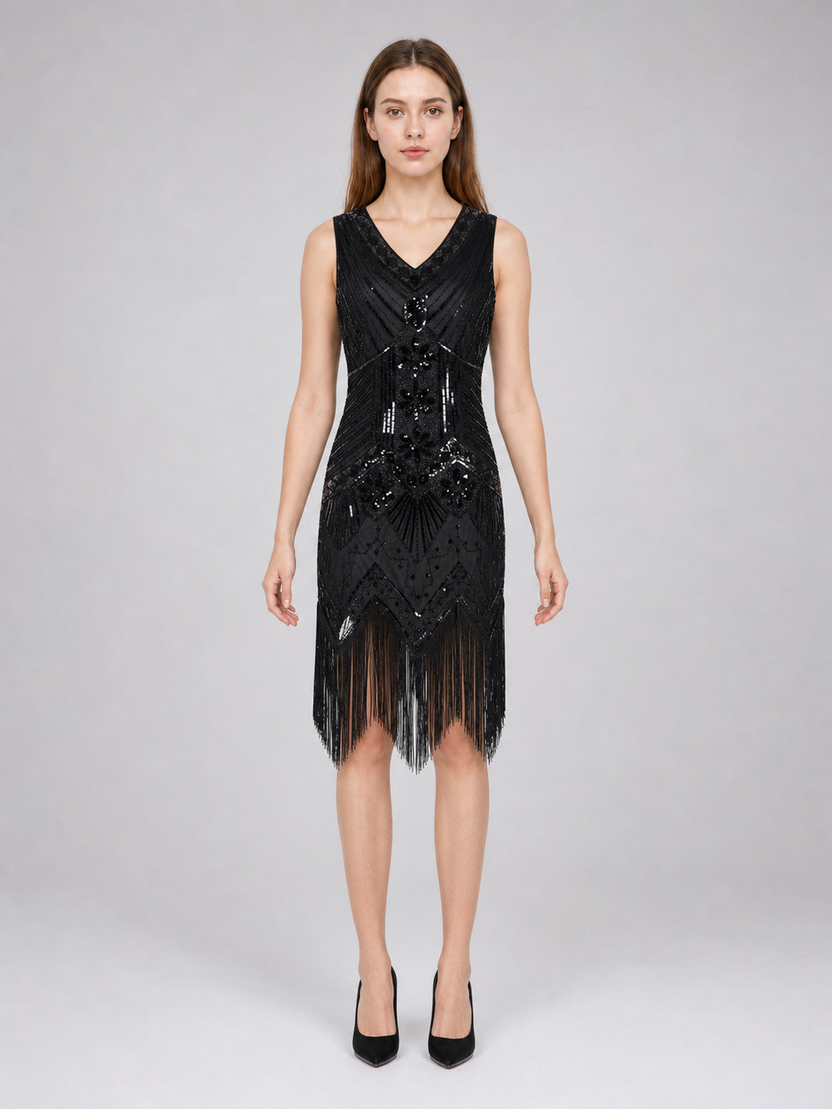 Black Art Deco flapper dress with fringe front view