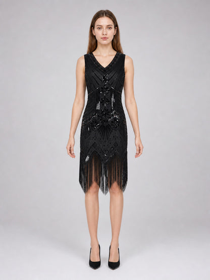 Black Art Deco flapper dress with fringe front view
