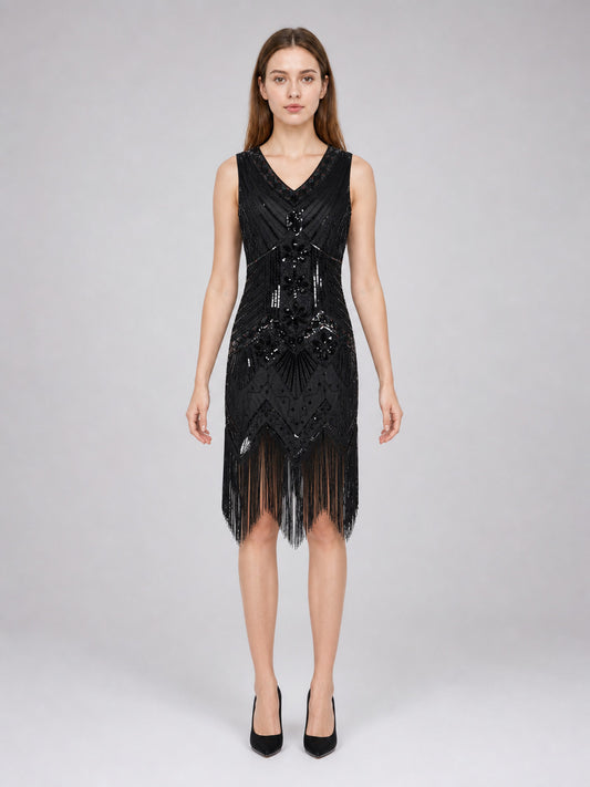 Black Art Deco flapper dress with fringe front view
