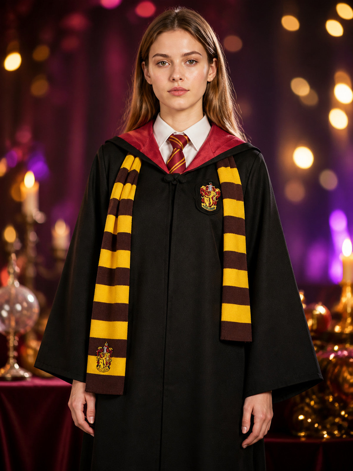 Wizard Costume Set, Hooded Long Robe with Striped Tie and Scarf, Halloween