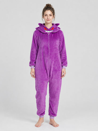 Purple Hooded Jumpsuit Pajamas with Cartoon Face