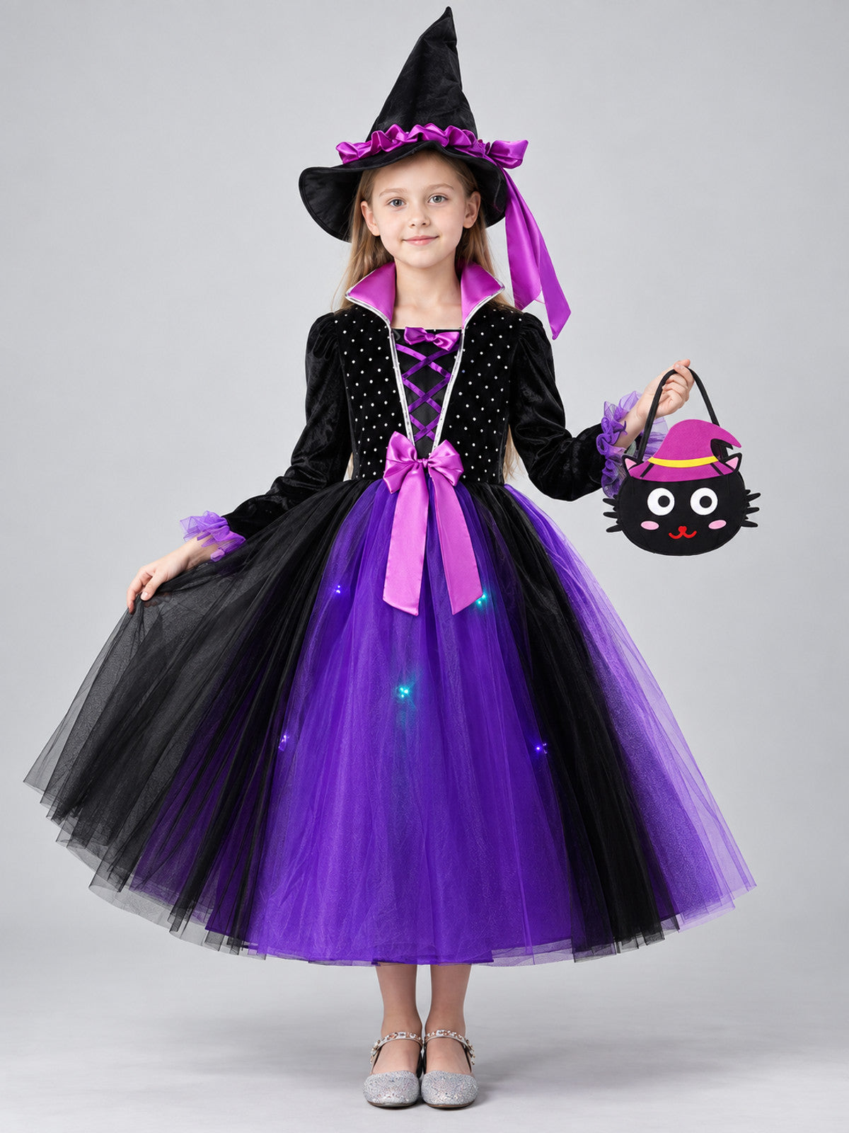 Children's Witch Costume with Pointed Hat on-model view