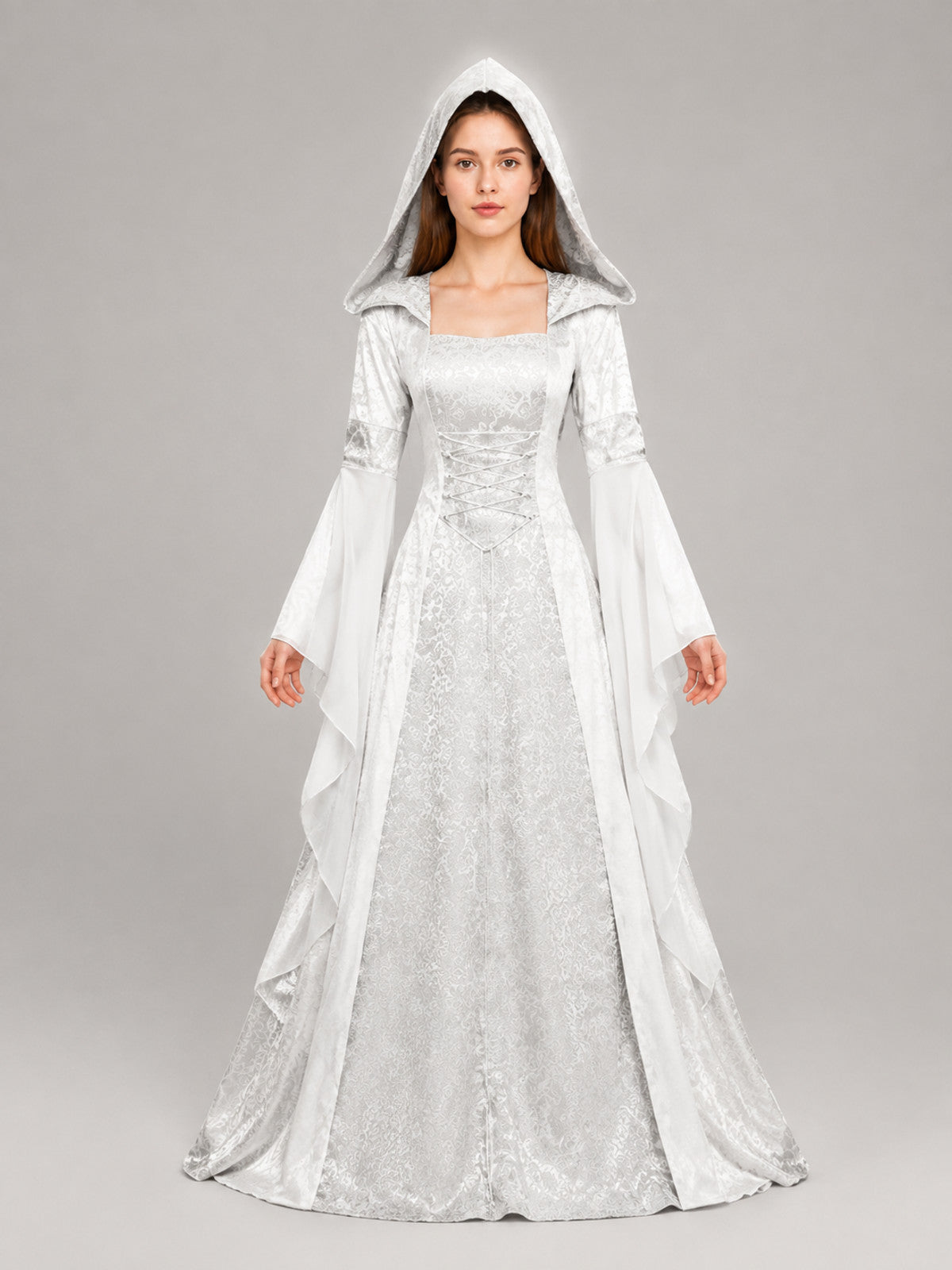 White Medieval Hooded Dress for Cosplay on-model view