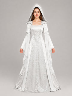 White Medieval Hooded Dress for Cosplay