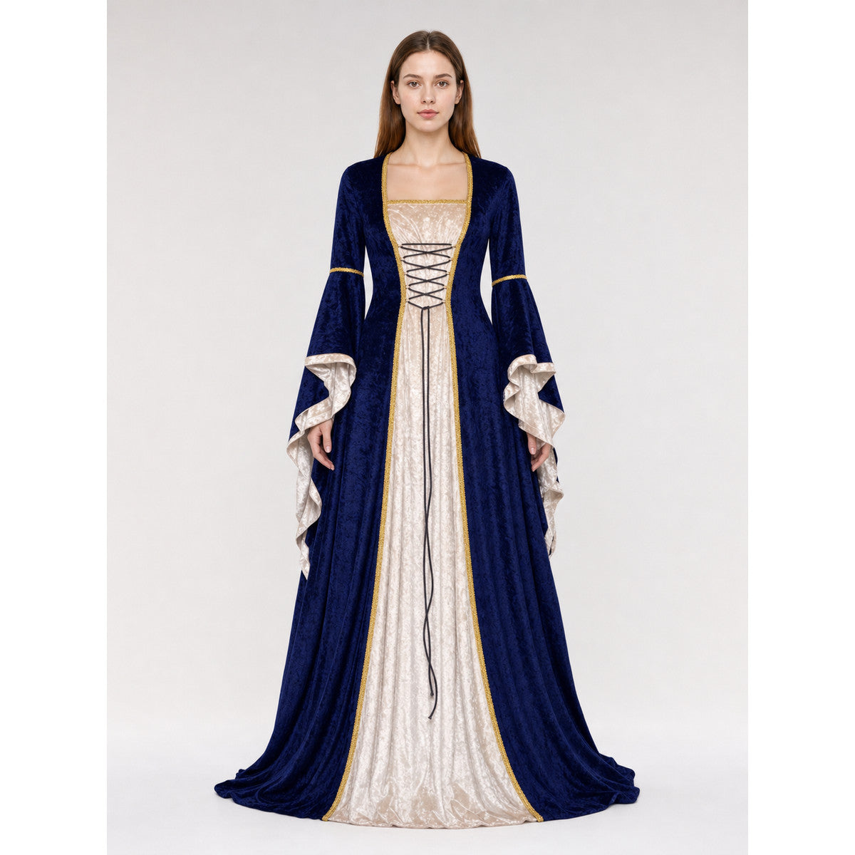 Gothic medieval-style dress made of textile fabric, featuring a floor-length design with a full skirt and flared sleeves. The sleeves are accented with tiered ruffles that emphasize the costume’s historical character. The main color is deep