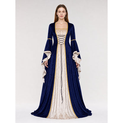 Gothic medieval-style dress made of textile fabric, featuring a floor-length design with a full skirt and flared sleeves. The sleeves are accented with tiered ruffles that emphasize the costume’s historical character. The main color is deep