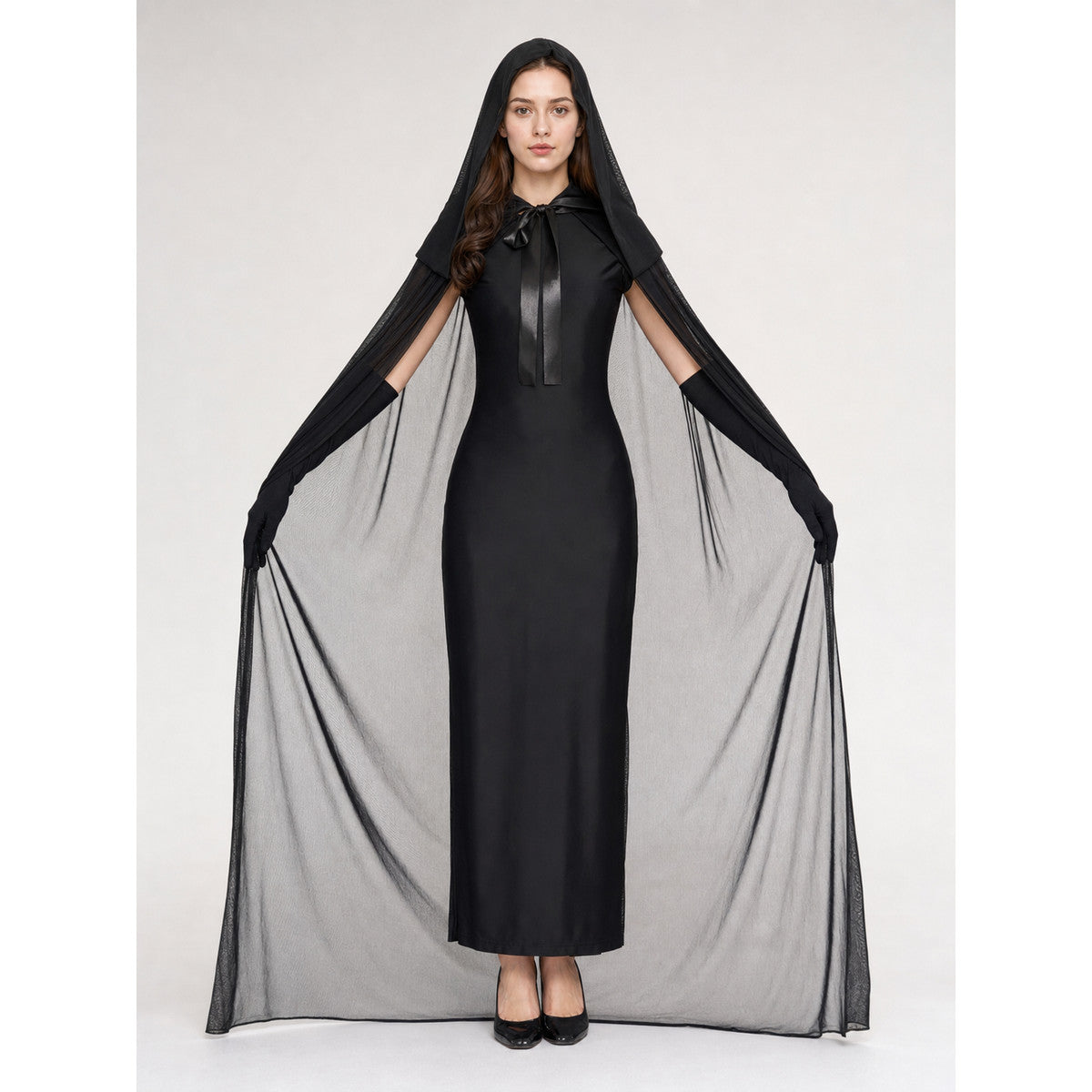Glowing Black Hooded Mesh Cape