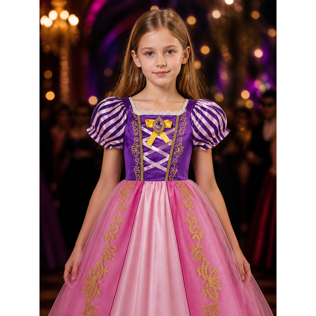 Girls Sleeping Beauty Princess Dress, Aurora Costume with Puffy Sleeves & Bow on-model view