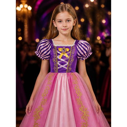 Girls Sleeping Beauty Princess Dress, Aurora Costume with Puffy Sleeves & Bow on-model view