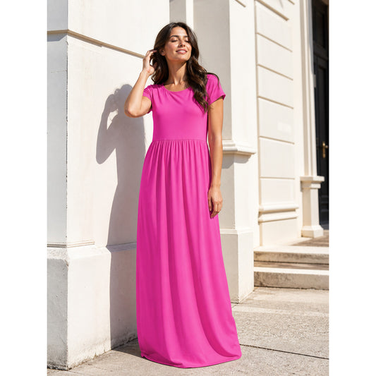 Women's Long Dress with Short Sleeves and Pleats