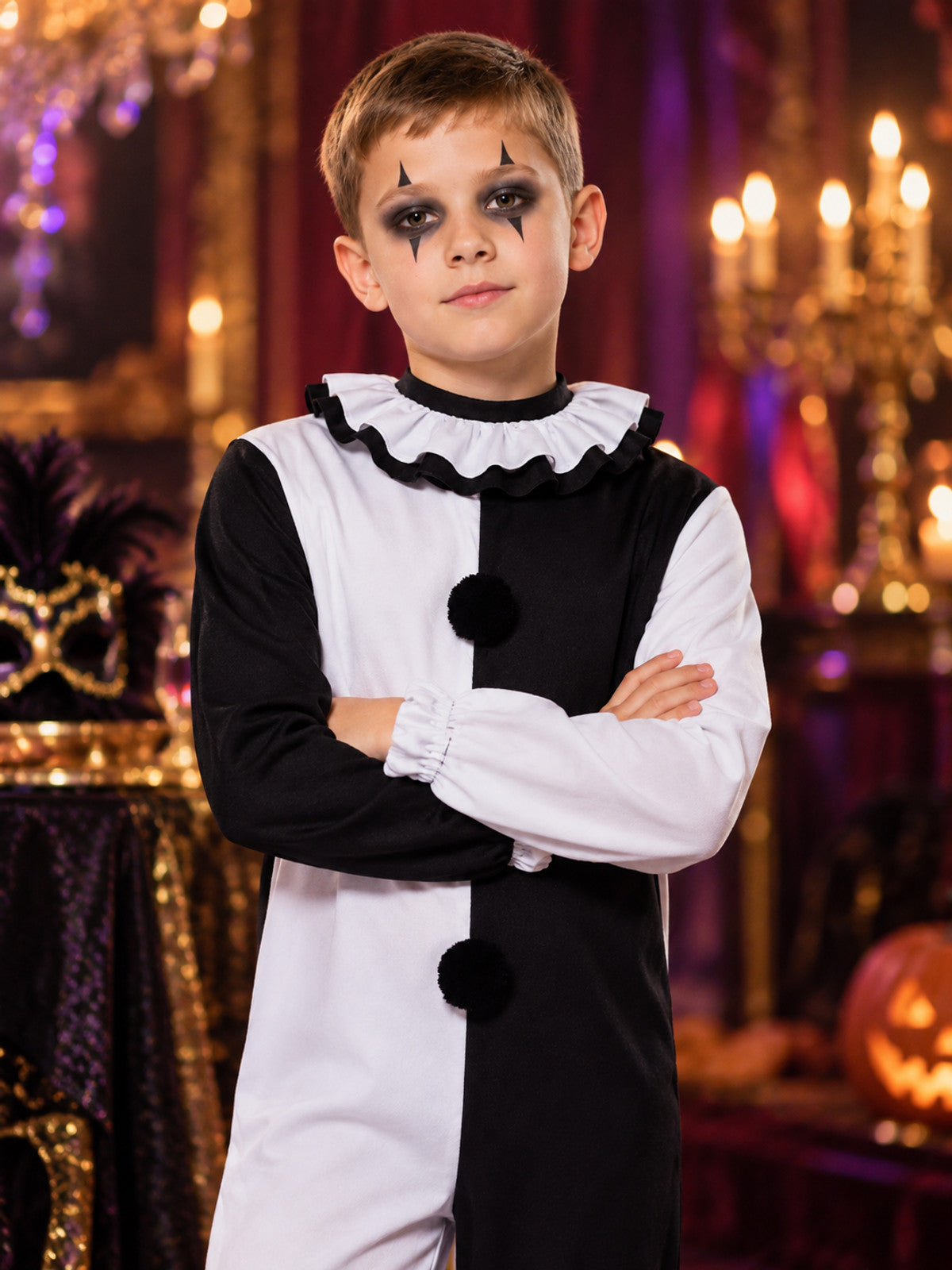 Black and white clown costume with pom-poms and ruffled collar
