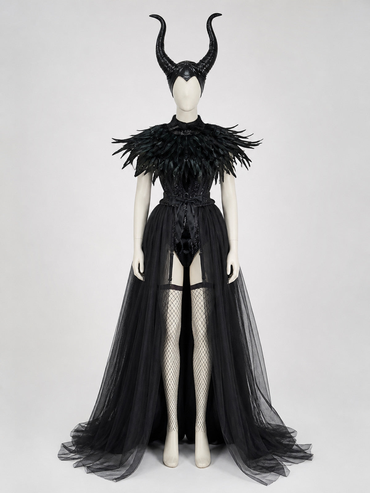 Gothic Costume with Horns, Feathers, Mesh, and Scepter