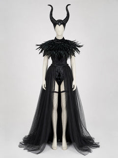 Gothic Costume with Horns, Feathers, Mesh, and Scepter