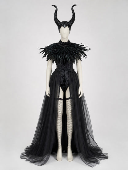 Gothic Costume with Horns, Feathers, Mesh, and Scepter