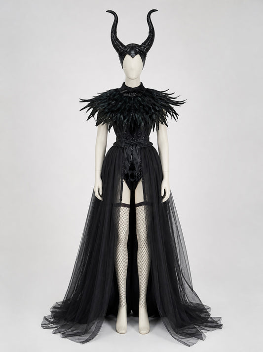 Gothic Costume with Horns, Feathers, Mesh, and Scepter