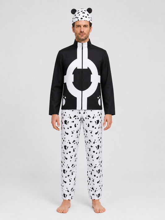 Man wearing the black and white Kuma cosplay costume: zip-front jacket with white ring graphic, black-spotted pants and round-ear hat, front view