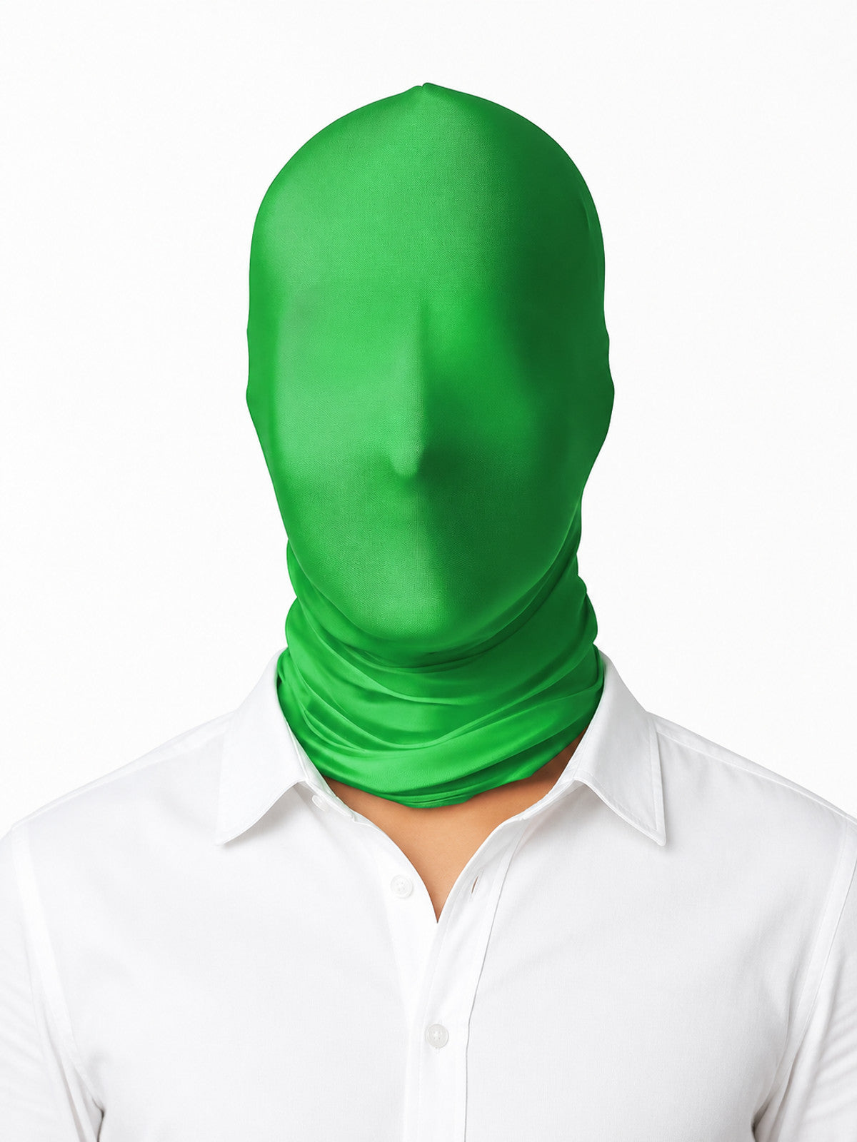 Green full-face stretch fabric mask shown close up on a person wearing a white collared shirt