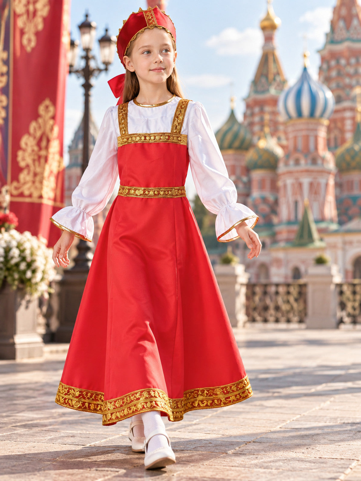 gold red russian folk-style long-sleeve costume dress with headwear product image