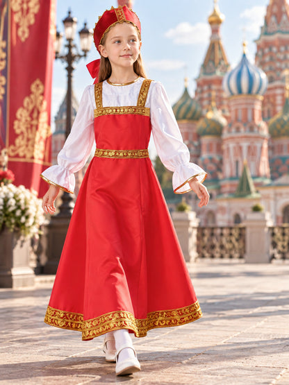 gold red russian folk-style long-sleeve costume dress with headwear product image