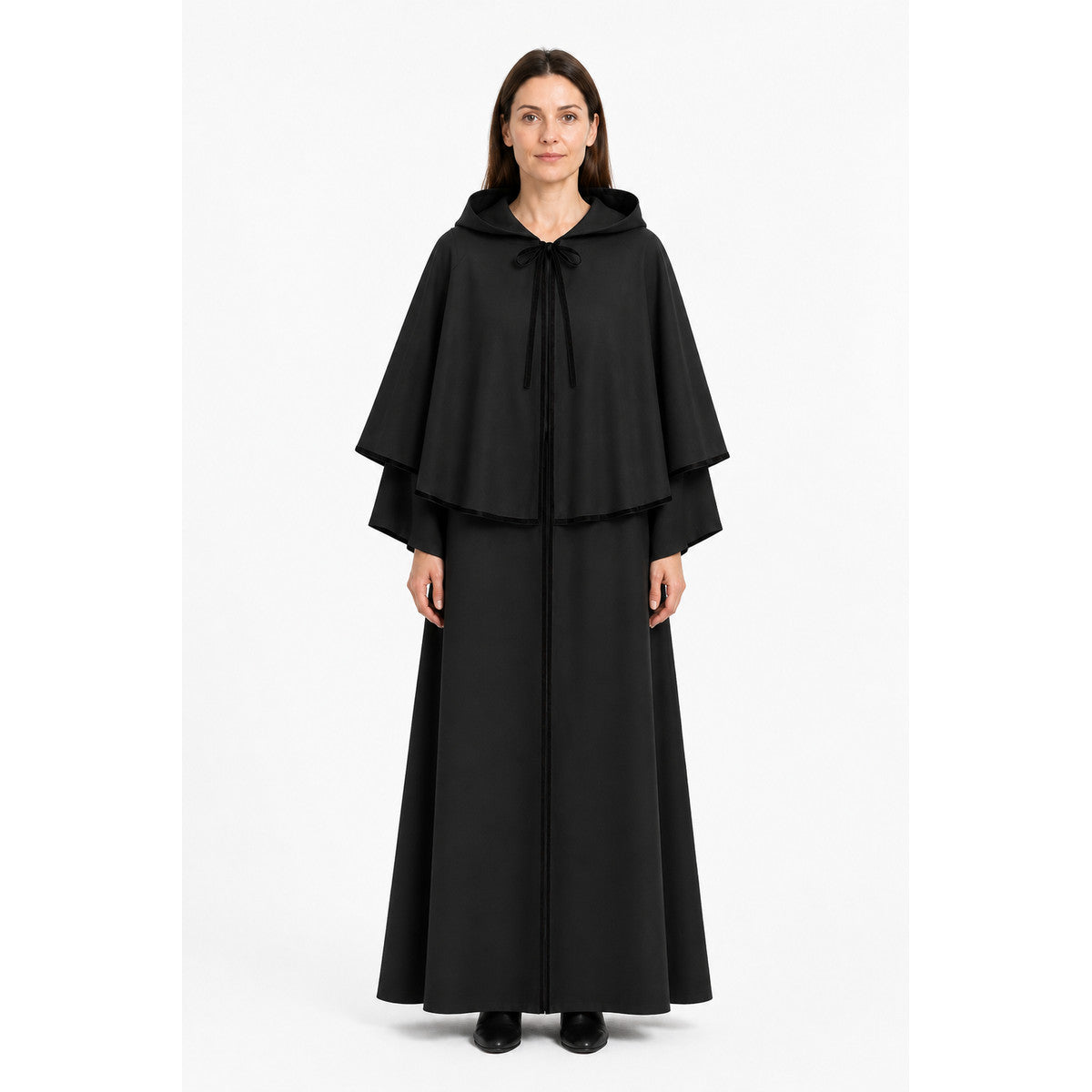 Long Black Hooded Cloak for Halloween main product view