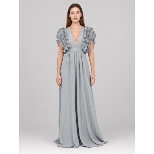 Long Evening Dress with a Deep V-Neckline
